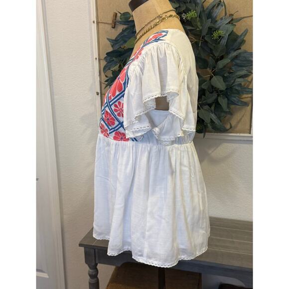 J.MARIE Embroidered Floral White/Pink Top Shirt Tunic Women size S Boho Ruffles - Picture 3 of 7